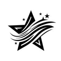 Black and white stylized star featuring a bold fivepointed star with flowing striped elements, and small stars. vector
