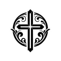 Elegant Black Christian Cross with Ornate Swirls Encased Within a Circle, Isolated on White Background. vector