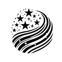 Black and white stylized swirling celestial with stars and dots forming a circular pattern. vector