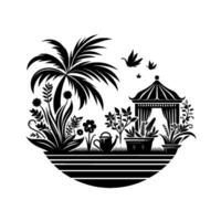 Serene Black and White Garden Scene Palm Tree, Gazebo, Birds, and Floral Elements in a Circular Composition. vector