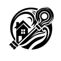 Symbolic Black and White House Key with Stylized Swirls Enclosing Crescent Moon Home. vector