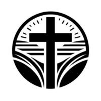 A black and white minimalist emblem featuring a Christian cross centered within a circle, incorporating stylized elements that appear to be waves and a partially visible clock face. vector