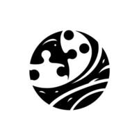 Black and white circular featuring a puzzle piece integrating a decorative with dots and curved lines. vector