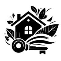 Black and white illustration of a house, key and foliage suggesting homeownership and security, on a white background. vector