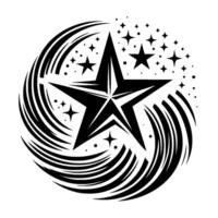 Bold black and white illustration featuring a large, central star, surrounded by swirling lines and a constellation of smaller stars, creating a dynamic . vector