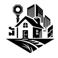 A stylized, monochrome illustration depicts a home key, cityscape, and the concept of house, and property in a geometric composition. vector