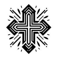 Bold, Geometric Cross with Stylized Rays and Foliage, Featuring a Black and White Pattern on a Clean Background. vector