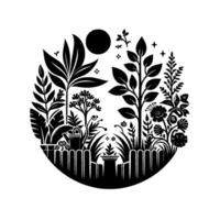 Intricate Black and White Illustration of a Garden Enclosed by a Fence, Featuring Varied Flora Under a Celestial Body. vector