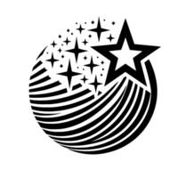 Black and White of Orbiting Stars and Comet Trail within a Circular Shape on a White Background. vector