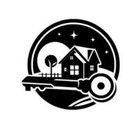 A stylized, monochromatic real estate A house sits atop a key within a circle, with a tree, fence, moon, and stars. vector
