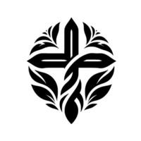 Intricate Black and White Floral Emblem Featuring a Cross Motif, Nestled Within a Circular Botanical on a White Background. vector