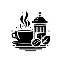 Black and White Coffee Illustration with Steaming Cup, Grinder, Bean, and Leaf on a White Background. vector