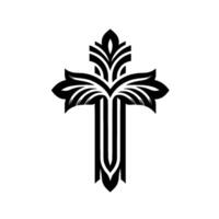 Ornate Black and White Cross with Stylized Floral and Bold, Geometric Lines. vector