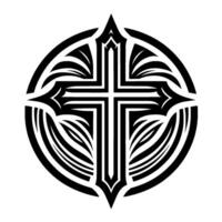 Intricate Black and White Illustration of a Cross within a Decorative Circular Frame, Symbolizing Faith and Spirituality. vector