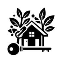 Black White House Key with Leafy Branches, Symbolic of Homeownership, Security, and Growth. vector
