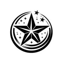 A geometric black star within a circle with smaller stars on white background, emblem . vector
