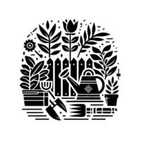 Black and White Garden Scene Stylized of Plants, Tools, and Fence, Circular Composition. vector