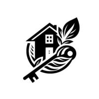 Black and White Symbolic Illustration of a Home with a Key, Greenery, and Circular , Representing Security and Natures Harmony vector