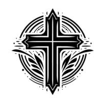 Intricate Black and White Circular A Detailed Cross within an Ornamental Floral and Geometric Pattern on White Background. vector