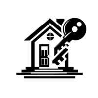 Minimalist illustration of a house with a key symbolizing real estate ownership, home security, and the promise of new beginnings. vector