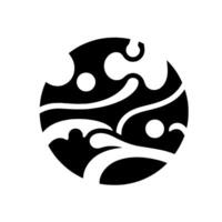 Abstract black and white circular featuring swirling, wavelike forms and circular elements, creating a dynamic contrast on a white background. vector