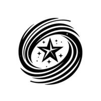 Black and white star symbol within a swirling, elliptical galaxylike , encompassed by tiny stars on a white background, reminiscent of space. vector