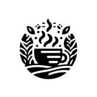 Minimalist black and white illustration of a steaming coffee cup within a naturalistic, circular frame with leaves and foliage. vector