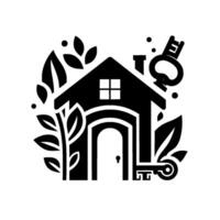 Modern Black White House with Keys and Leaves Property, Home, Real Estate, and Nature elements combine in a minimalist aesthetic. vector