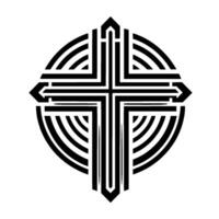 Geometric Black and White Cruciform Modern Christian Symbol Enclosed within Concentric SemiCircular Lines. vector