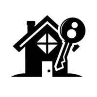 Black and white stylized illustration of a house silhouette with a chimney, window, and door, combined with a key. vector