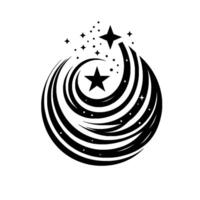 Black and white stylized cosmic , swirling lines form a spherical shape with stars and dots trailing through, representing energy and celestial movement. vector