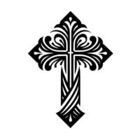 Ornate Black Cross with Intricate Scrollwork and a Striking Geometric Base, Set Against a White Background. vector