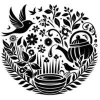 Black and white circular illustration of a teapot pouring into a cup amidst floral elements, birds, and foliage. vector