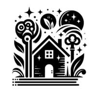 Stylized black and white illustration of a house, keys, and celestial elements, evoking themes of home, security, and nature in a magical setting. vector