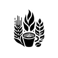 Abstract black and white depicting a coffee cup with steam amidst stylized wheat and leaf elements, showcasing a balanced and organic . vector