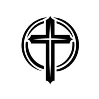 , Stylized Black Christian Cross Within a Circular Emblem on a White Backdrop, Shadow Added for Depth. vector