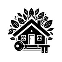 Black White Illustration House surrounded by leafy elements, key included, symbolizing home and security, minimalist . vector