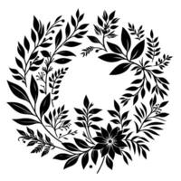 Intricate Monochrome Floral Wreath Stylized botanical elements, leaves, berries, and a central flower arranged in a circular frame, white background. vector