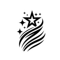 Black and White Starburst A bold featuring a large fivepointed star with smaller starburst elements and stylized curved lines on a white background. vector