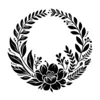 Elegant Black and White Floral Wreath with Flower Center, Leafy Branches, Berries, and Decorative Elements in a Circular Composition vector