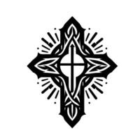 Ornate Black Cross with Intricate Patterns, Radiant Light, and Celtic Knot Elements on White. vector