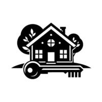 Monochrome house silhouette with key, trees, and minimalist , representing homeownership and real estate. vector