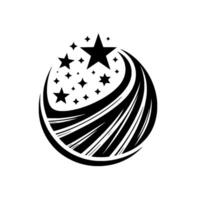 Stellar Black and White Emblem Cascading Lines and Sparkling Stars in a Dynamic, Abstract Spherical . vector