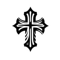 Intricate Black and White Ornamental Cross Featuring Geometric Shapes and Detailed Aesthetics. vector