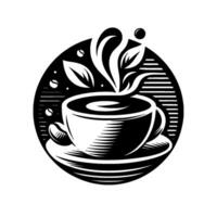 Stylized Black and White Coffee Cup with Steam, Leaves, and a Bean Within a Circular , Evoking Aroma. vector