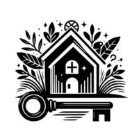 Black and white illustration of a house with a plus sign, surrounded by leaves, stars and key, symbolizing home ownership and security. vector
