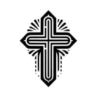 Bold Black and White Cross , Embellished with Decorative Lines and Geometric Elements on White Background. vector