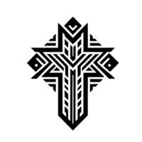 Geometric black and white cross featuring bold lines and patterns, resembling an abstract religious symbol. vector