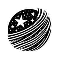 Abstract black and white illustration of an oval shape with a starry night sky and striped pattern, resembling a celestial object in motion, or abstract . vector