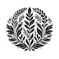 Circular Botanical Illustration A symmetrical arrangement of stylized leaves, branches, and delicate floral elements in bold black against a clean white backdrop. vector